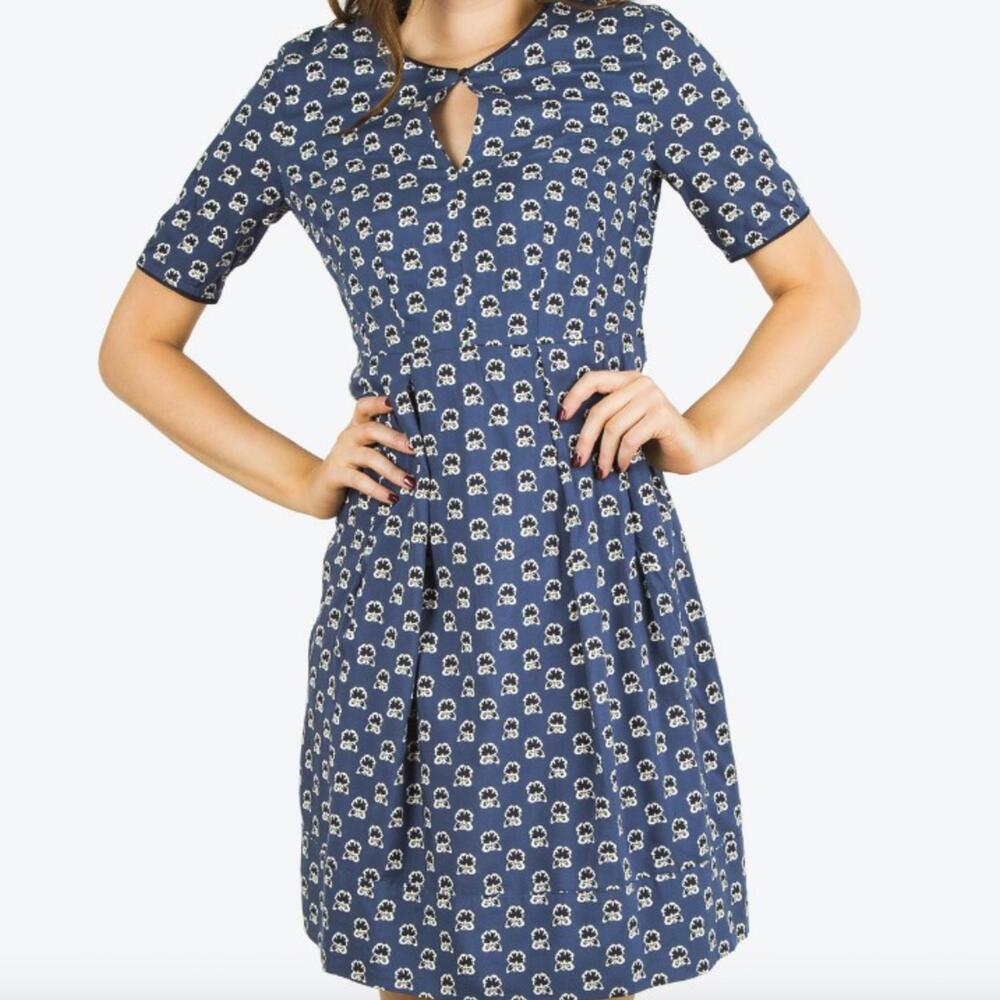 Marc O'Polo Blue Floral Print Keyhole Knee Lenth Dress  - Size - 36 - NWOT